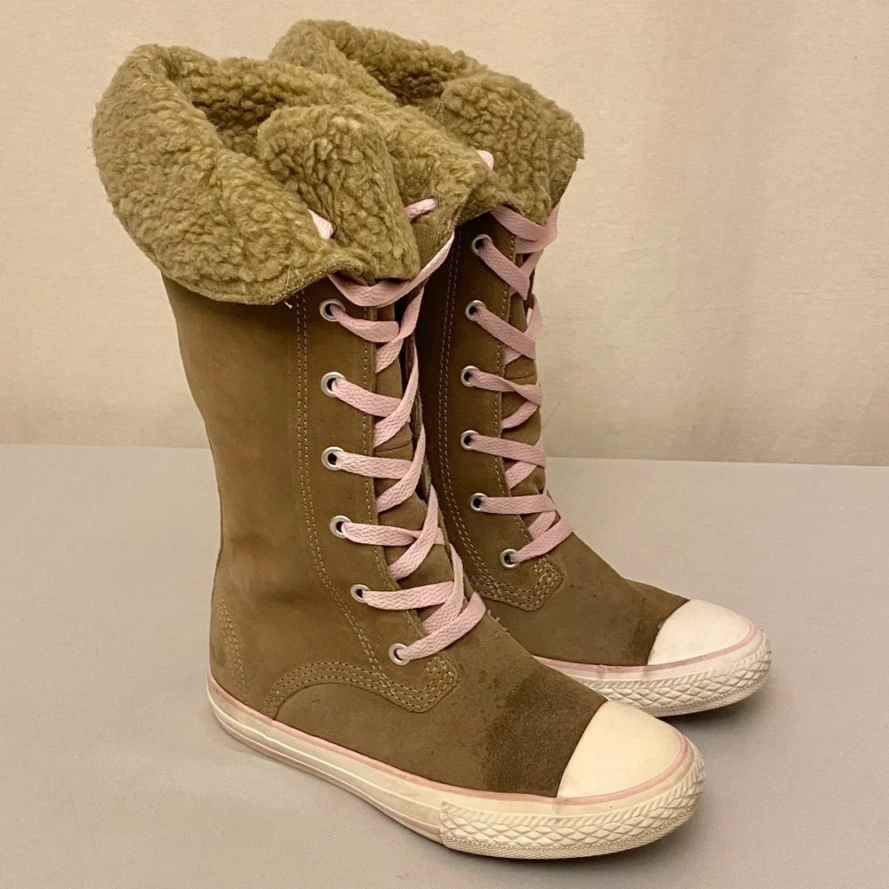 Converse Sharon Girls Youth Size 1 Tall Calf Sneakers Suede Beige Pink Shoes